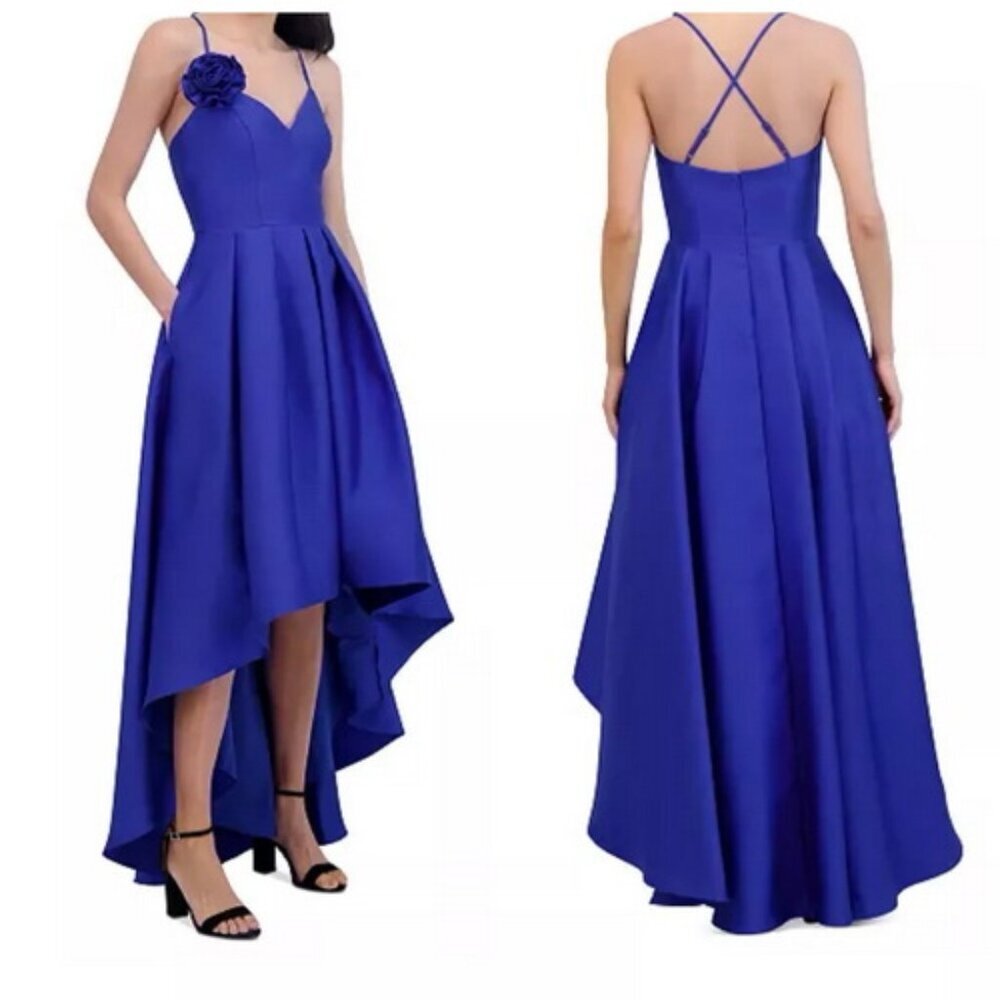 Eliza J Blue Rosette Pleated High-Low Cocktail Dress